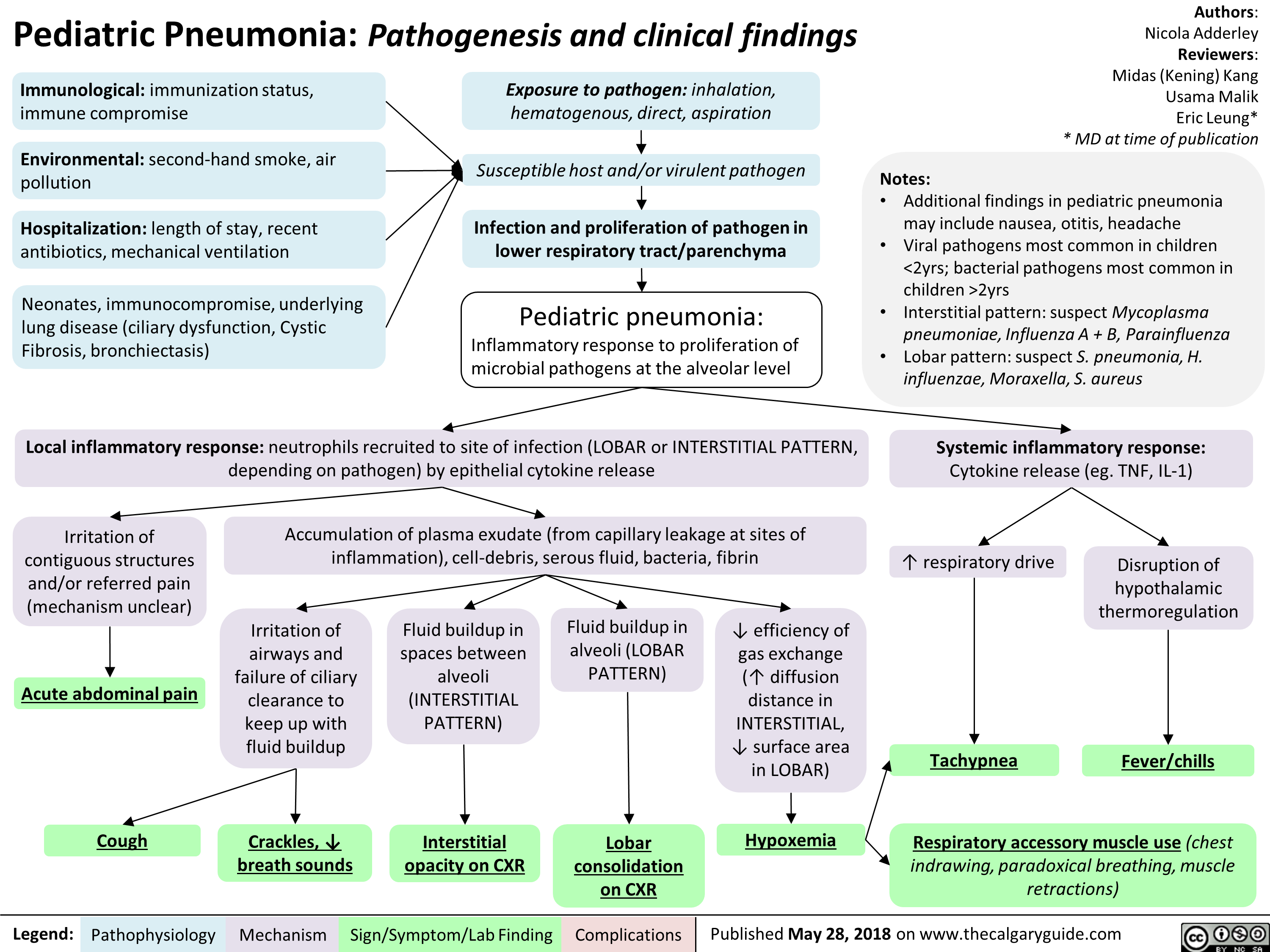 Pediatric pneumonia: Pathogenesis and clinical findings 
Immunological: immunization status, immune compromise 
Environmental: second-hand smoke, air pollution 
Hospitalization: length of stay, recent antibiotics, mechanical ventilation 
Neonates, immunocompromise, underlying lung disease (ciliary dysfunction, Cystic Fibrosis, bronchiectasis) 

Exposure to pathogen: inhalation, hematogenous, direct, aspiration 
Susceptible host and/or virulent pathogen 
Infection and proliferation of pathogen in lower respiratory tract/parenchyma 
Pediatric pneumonia: Inflammatory response to proliferation of microbial pathogens at the alveolar level 
Authors: Nicola Adderley Reviewers: Midas (Kening) Kang Usama Malik Eric Leung* * MD at time of publication 
Notes: • Additional findings in pediatric pneumonia may include nausea, otitis, headache • Viral pathogens most common in children <2yrs; bacterial pathogens most common in children >2yrs • Interstitial pattern: suspect Mycoplasma pneumoniae, Influenza A + B, Parainfluenza • Lobar pattern: suspect S. pneumonia, H. influenzae, Moraxella, S. aureus 
Local inflammatory response: neutrophils recruited to site of infection (LOBAR or INTERSTITIAL PATTERN, depending on pathogen) by epithelial cytokine release 
At-- Irritation of contiguous structures and/or referred pain (mechanism unclear) 
Acute abdominal pain 
Accumulation of plasma exudate (from capillary leakage at sites of inflammation), cell-debris, serous fluid, bacteria, fibrin 
Irritation of airways and failure of ciliary clearance to keep up with fluid buildup Cough  
Legend: 
Crack es, 4•  breath sounds 
Pathophysiology Mechanism 
Fluid buildup in spaces between alveoli (INTERSTITIAL PATTERN) 
Interstitial  opacity on CXR 
Fluid buildup in alveoli (LOBAR PATTERN) 
J, efficiency of gas exchange (I` diffusion distance in INTERSTITIAL, J, surface area in LOBAR) 

Lobar  consolidation on CXR  
Sign/Symptom/Lab Finding 
Complications 
Hypoxemia 
Systemic inflammatory response: 
Cytokine release (eg. TNF, IL-1) 
1` respiratory drive 
• 
Tachypnea 
Disruption of hypothalamic thermoregulation 
Fever/chills 
Respiratory accessory muscle use (chest indrawing, paradoxical breathing, muscle retractions) 