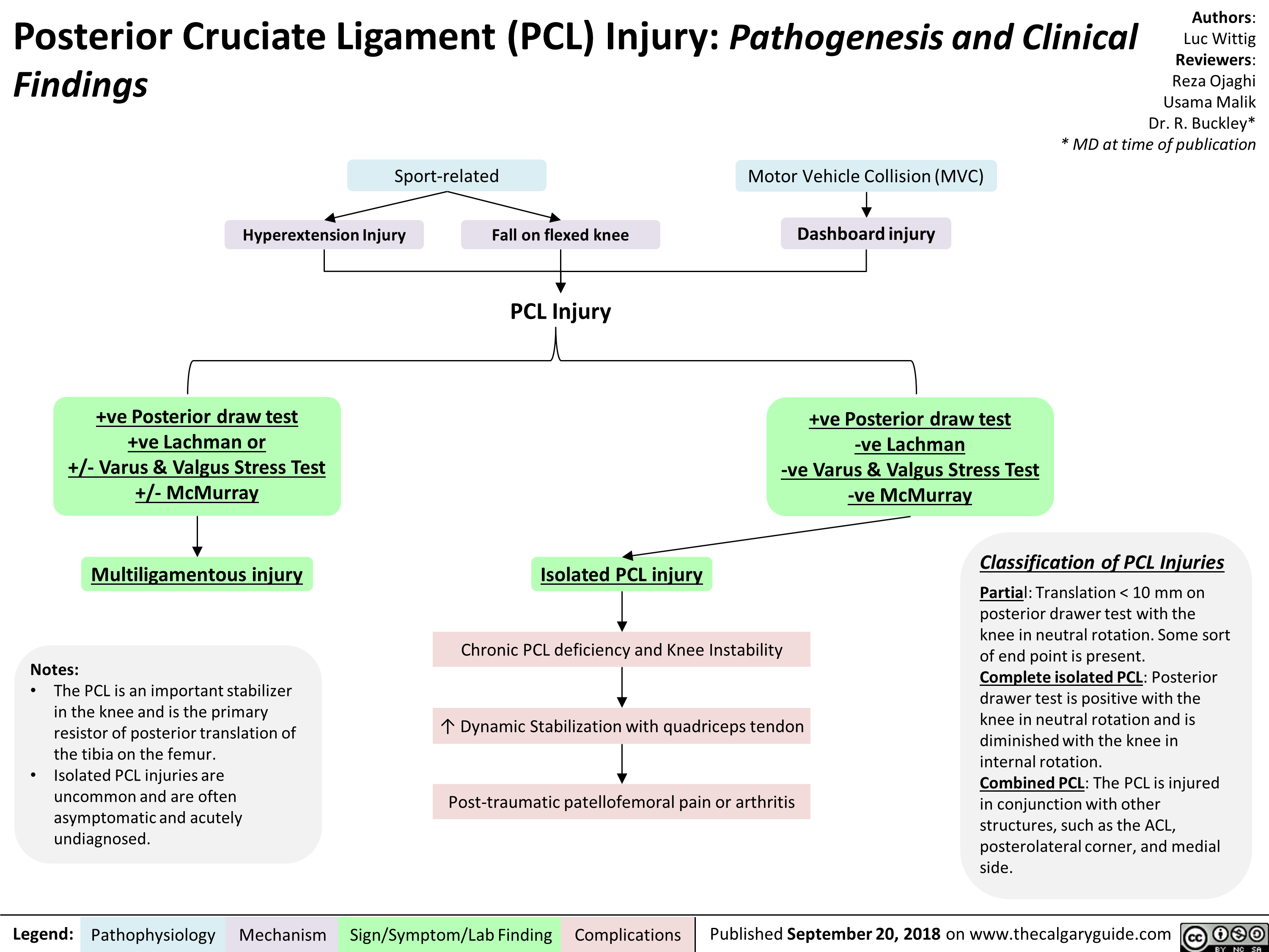Posterior Cruciate Ligament (PCL) Injury: Pathogenesis and Clinical Findings 
Sport-related 
Hyperextension Injury 
Motor Vehicle Collision (MVC) 
Fall on flexed knee Dashboard injury 
PCL Injury 
+ve Posterior draw test  +ve Lachman or  +/- Varus & Valgus Stress Test +/- McMurray  
1 
Multiligamentous injury 
Notes: • The PCL is an important stabilizer in the knee and is the primary resistor of posterior translation of the tibia on the femur. • Isolated PCL injuries are uncommon and are often asymptomatic and acutely undiagnosed. 
Legend: Pathophysiology Mechanism 
Isolated PCL injury 
+ve Posterior draw test  -ye Lachman  -ye Varus & Valgus Stress Test -ye McMurray 
Chronic PCL deficiency and Knee Instability 
1 
1` Dynamic Stabilization with quadriceps tendon 
1 
Post-traumatic patellofemoral pain or arthritis 
Sign/Symptom/Lab Finding 
Authors: Luc Wittig Reviewers: Reza Ojaghi Usama Malik Dr. R. Buckley* * MD at time of publication 
Classification of PCL Injuries  Partial: Translation < 10 mm on posterior drawer test with the knee in neutral rotation. Some sort of end point is present. Complete isolated PCL: Posterior drawer test is positive with the knee in neutral rotation and is diminished with the knee in internal rotation. Combined PCL: The PCL is injured in conjunction with other structures, such as the ACL, posterolateral corner, and medial side. 