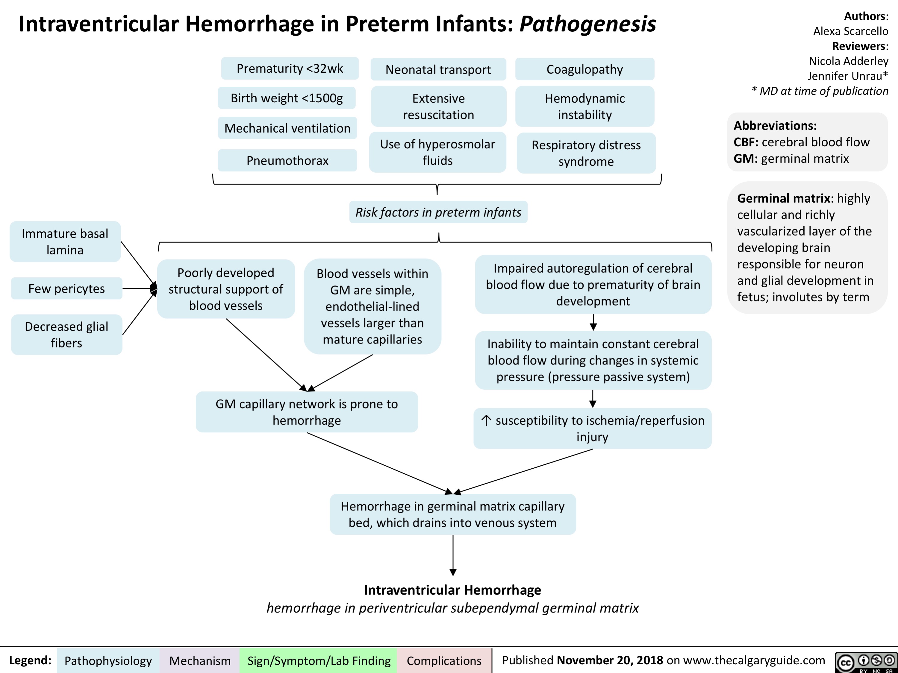Intraventricular Hemorrhage in Preterm Infants: Pathogenesis
Authors: Alexa Scarcello Reviewers: Nicola Adderley Jennifer Unrau* * MD at time of publication
Abbreviations:
CBF: cerebral blood flow GM: germinal matrix
Germinal matrix: highly cellular and richly vascularized layer of the developing brain responsible for neuron and glial development in fetus; involutes by term
   Prematurity <32wk Birth weight <1500g
Mechanical ventilation Pneumothorax
Neonatal transport
Extensive resuscitation
Use of hyperosmolar fluids
Risk factors in preterm infants
Coagulopathy
Hemodynamic instability
Respiratory distress syndrome
            Immature basal lamina
Few pericytes
Decreased glial fibers
Poorly developed structural support of blood vessels
Blood vessels within GM are simple, endothelial-lined vessels larger than mature capillaries
Impaired autoregulation of cerebral blood flow due to prematurity of brain development
Inability to maintain constant cerebral blood flow during changes in systemic pressure (pressure passive system)
↑ susceptibility to ischemia/reperfusion injury
             GM capillary network is prone to hemorrhage
    Hemorrhage in germinal matrix capillary bed, which drains into venous system
Intraventricular Hemorrhage
hemorrhage in periventricular subependymal germinal matrix
  Legend:
 Pathophysiology
 Mechanism
Sign/Symptom/Lab Finding
  Complications
Published November 20, 2018 on www.thecalgaryguide.com
   