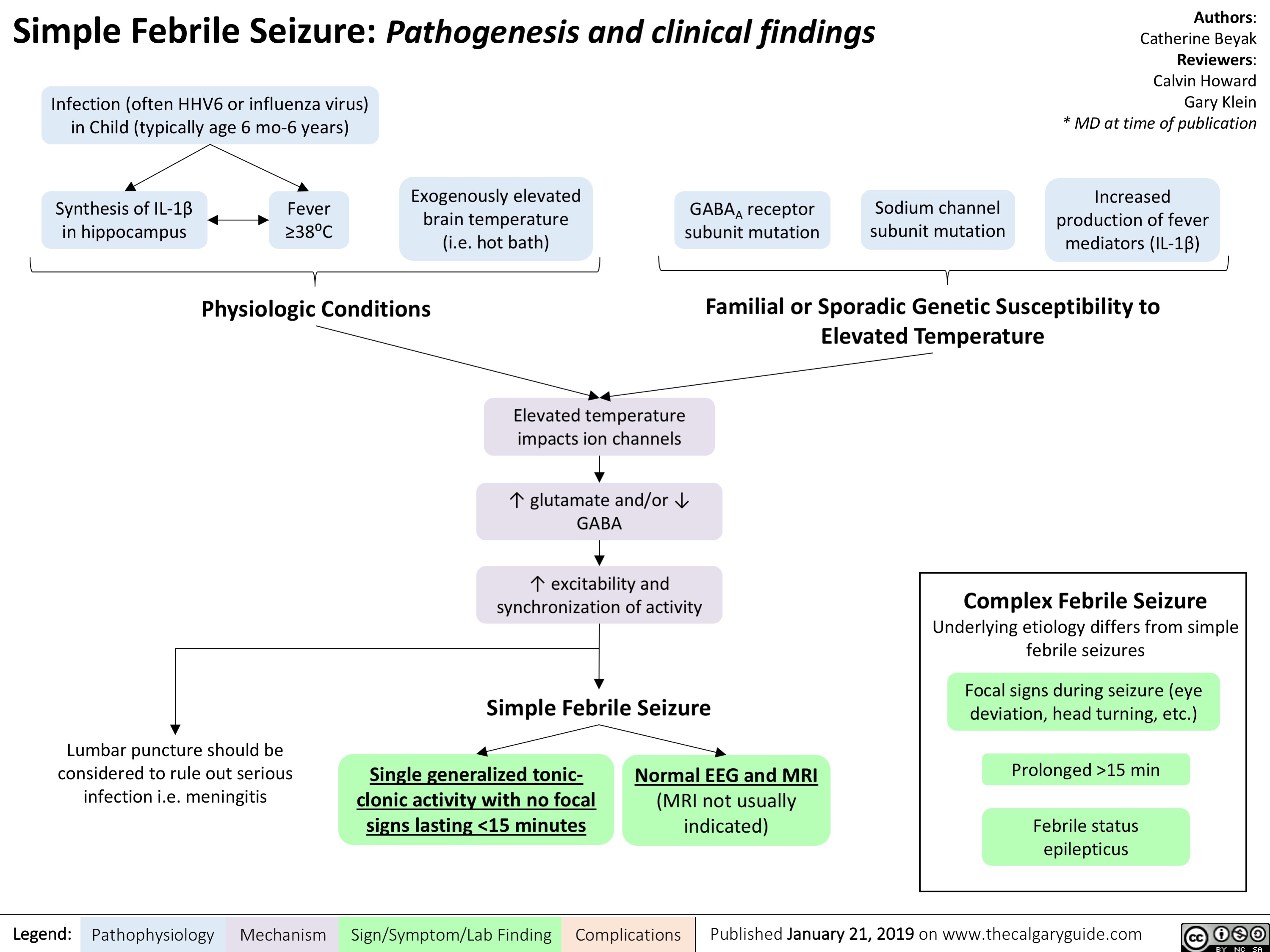 Simple febrile seizure pathogenesis clinical findings infection HHV6 influenza virus child hippocampus fever 38 exogenously elevated brain temperature GABA receptor mutation sodium channel fever increased production mediators physiologic familial sporadic ion channels elevated temperature glutamate GABA excitability and synchronization of activity generalized tonic-clonic activity no focal signs <15 minutes normal EEG MRI complex focal signs eye deviation head turning status epilepticus beyak Howard Klein 