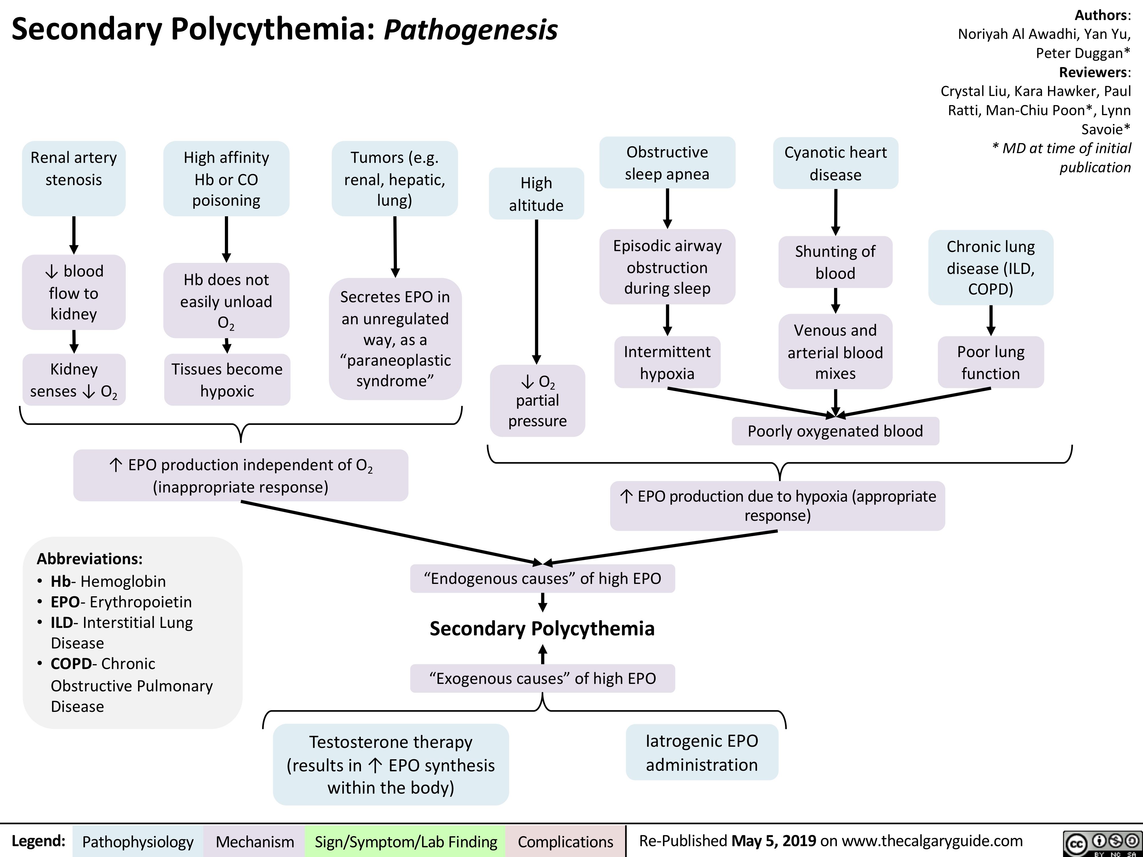 Secondary Polycythemia: Pathogenesis
Authors: Noriyah Al Awadhi, Yan Yu, Peter Duggan* Reviewers: Crystal Liu, Kara Hawker, Paul Ratti, Man-Chiu Poon*, Lynn Savoie* * MD at time of initial publication
Chronic lung disease (ILD, COPD)
Poor lung function
     Renal artery stenosis
↓ blood flow to kidney
Kidney senses ↓ O2
High affinity Hb or CO poisoning
Hb does not easily unload O2
Tissues become hypoxic
Tumors (e.g. renal, hepatic, lung)
Secretes EPO in an unregulated way, as a “paraneoplastic syndrome”
High altitude
Obstructive sleep apnea
Episodic airway obstruction during sleep
Intermittent hypoxia
Cyanotic heart disease
Shunting of blood
Venous and arterial blood mixes
Poorly oxygenated blood
                        ↓ O2 partial pressure
     ↑ EPO production independent of O2 (inappropriate response)
↑ EPO production due to hypoxia (appropriate response)
    Abbreviations:
• Hb- Hemoglobin
• EPO- Erythropoietin • ILD- Interstitial Lung
Disease
• COPD- Chronic
Obstructive Pulmonary Disease
“Endogenous causes” of high EPO
Secondary Polycythemia
“Exogenous causes” of high EPO
Testosterone therapy Iatrogenic EPO (results in ↑ EPO synthesis administration
       within the body)
 Legend:
 Pathophysiology
 Mechanism
Sign/Symptom/Lab Finding
  Complications
Re-Published May 5, 2019 on www.thecalgaryguide.com
   