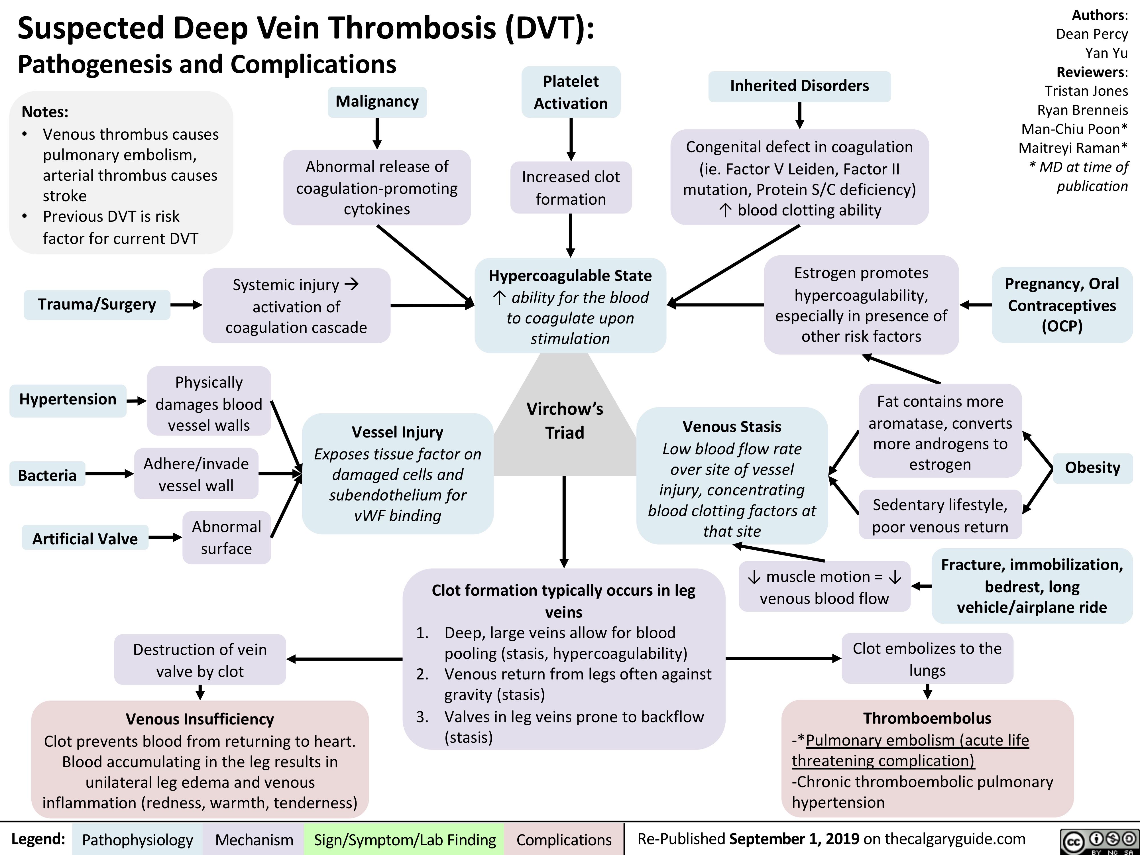 Suspected Deep Vein Thrombosis (DVT):
Authors: Dean Percy Yan Yu Reviewers: Tristan Jones Ryan Brenneis Man-Chiu Poon* Maitreyi Raman* * MD at time of publication
Pregnancy, Oral Contraceptives (OCP)
Pathogenesis and Complications
Platelet Activation
Increased clot formation
Hypercoagulable State
↑ ability for the blood to coagulate upon stimulation
Inherited Disorders
Congenital defect in coagulation (ie. Factor V Leiden, Factor II
mutation, Protein S/C deficiency) ↑ blood clotting ability
Estrogen promotes
hypercoagulability, especially in presence of other risk factors
    Notes:
• Venous thrombus causes pulmonary embolism, arterial thrombus causes stroke
• Previous DVT is risk factor for current DVT
Trauma/Surgery
Malignancy
Abnormal release of coagulation-promoting cytokines
Systemic injuryà activation of coagulation cascade
                       Hypertension
Bacteria Artificial Valve
Physically damages blood vessel walls
Adhere/invade vessel wall
Abnormal surface
Vessel Injury
Exposes tissue factor on damaged cells and subendothelium for vWF binding
Virchow’s Triad
Venous Stasis
Low blood flow rate over site of vessel injury, concentrating blood clotting factors at that site
Fat contains more aromatase, converts more androgens to estrogen
Sedentary lifestyle, poor venous return
        Obesity
               Clot formation typically occurs in leg veins
Deep, large veins allow for blood pooling (stasis, hypercoagulability) Venous return from legs often against gravity (stasis)
Valves in leg veins prone to backflow (stasis)
↓ muscle motion = ↓ venous blood flow
Fracture, immobilization, bedrest, long vehicle/airplane ride
   Destruction of vein valve by clot
Venous Insufficiency
Clot prevents blood from returning to heart. Blood accumulating in the leg results in unilateral leg edema and venous inflammation (redness, warmth, tenderness)
1. 2. 3.
Clot embolizes to the lungs
Thromboembolus
-*Pulmonary embolism (acute life threatening complication)
-Chronic thromboembolic pulmonary hypertension
         Legend:
 Pathophysiology
 Mechanism
Sign/Symptom/Lab Finding
  Complications
Re-Published September 1, 2019 on thecalgaryguide.com
   