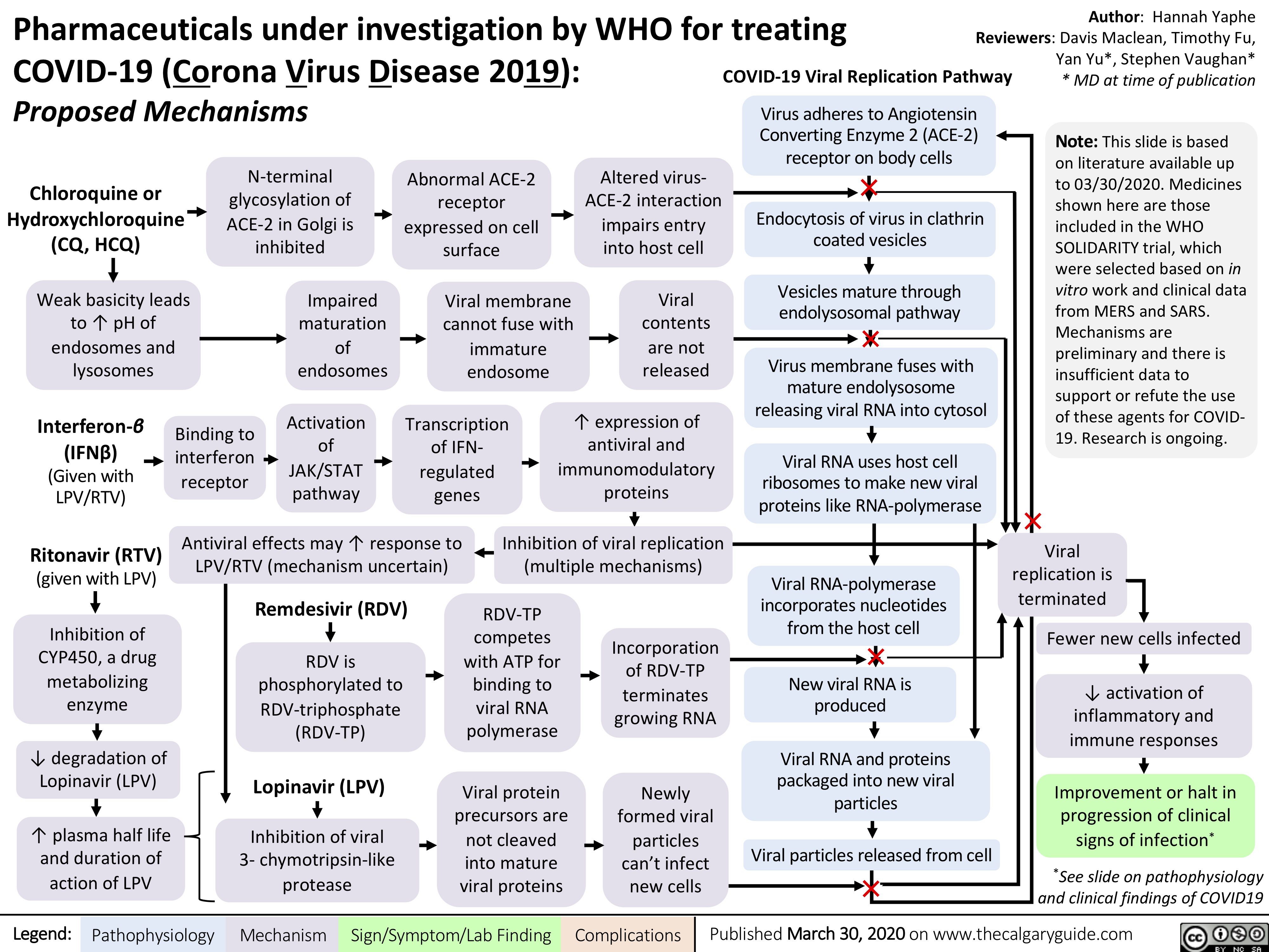 Pharmaceuticals under investigation by WHO for treating
Author: Hannah Yaphe Reviewers: Davis Maclean, Timothy Fu,
COVID-19 (Corona Virus Disease 2019):
Yan Yu*, Stephen Vaughan*
* MD at time of publication
Note: This slide is based on literature available up to 03/30/2020. Medicines shown here are those included in the WHO SOLIDARITY trial, which were selected based on in vitro work and clinical data from MERS and SARS. Mechanisms are preliminary and there is insufficient data to support or refute the use of these agents for COVID- 19. Research is ongoing.
Viral replication is terminated
Fewer new cells infected
↓ activation of inflammatory and immune responses
Improvement or halt in progression of clinical signs of infection*
*See slide on pathophysiology and clinical findings of COVID19
    Proposed Mechanisms
COVID-19 Viral Replication Pathway
Virus adheres to Angiotensin Converting Enzyme 2 (ACE-2) receptor on body cells
Endocytosis of virus in clathrin coated vesicles
Vesicles mature through endolysosomal pathway
Virus membrane fuses with mature endolysosome releasing viral RNA into cytosol
Viral RNA uses host cell ribosomes to make new viral proteins like RNA-polymerase
Viral RNA-polymerase incorporates nucleotides from the host cell
New viral RNA is produced
Viral RNA and proteins packaged into new viral particles
Viral particles released from cell
        Chloroquine or Hydroxychloroquine (CQ, HCQ)
Weak basicity leads to ↑ pH of endosomes and lysosomes
N-terminal glycosylation of ACE-2 in Golgi is inhibited
Abnormal ACE-2 receptor expressed on cell surface
Viral membrane cannot fuse with immature endosome
Altered virus- ACE-2 interaction impairs entry into host cell
Viral contents are not released
                       Interferon-β (IFNβ) (Given with LPV/RTV)
Ritonavir (RTV)
(given with LPV)
Inhibition of CYP450, a drug metabolizing enzyme
↓ degradation of Lopinavir (LPV)
↑ plasma half life and duration of action of LPV
Binding to interferon receptor
Impaired maturation of endosomes
Activation of JAK/STAT pathway
Transcription of IFN- regulated genes
↑ expression of antiviral and immunomodulatory proteins
             Antiviral effects may ↑ response to LPV/RTV (mechanism uncertain)
Remdesivir (RDV)
RDV is phosphorylated to RDV-triphosphate (RDV-TP)
Lopinavir (LPV)
Inhibition of viral 3- chymotripsin-like protease
Inhibition of viral replication (multiple mechanisms)
       RDV-TP competes with ATP for binding to viral RNA polymerase
Viral protein precursors are not cleaved into mature viral proteins
Incorporation of RDV-TP terminates growing RNA
Newly formed viral particles can’t infect new cells
                                  Legend:
 Pathophysiology
 Mechanism
Sign/Symptom/Lab Finding
  Complications
Published March 30, 2020 on www.thecalgaryguide.com
   