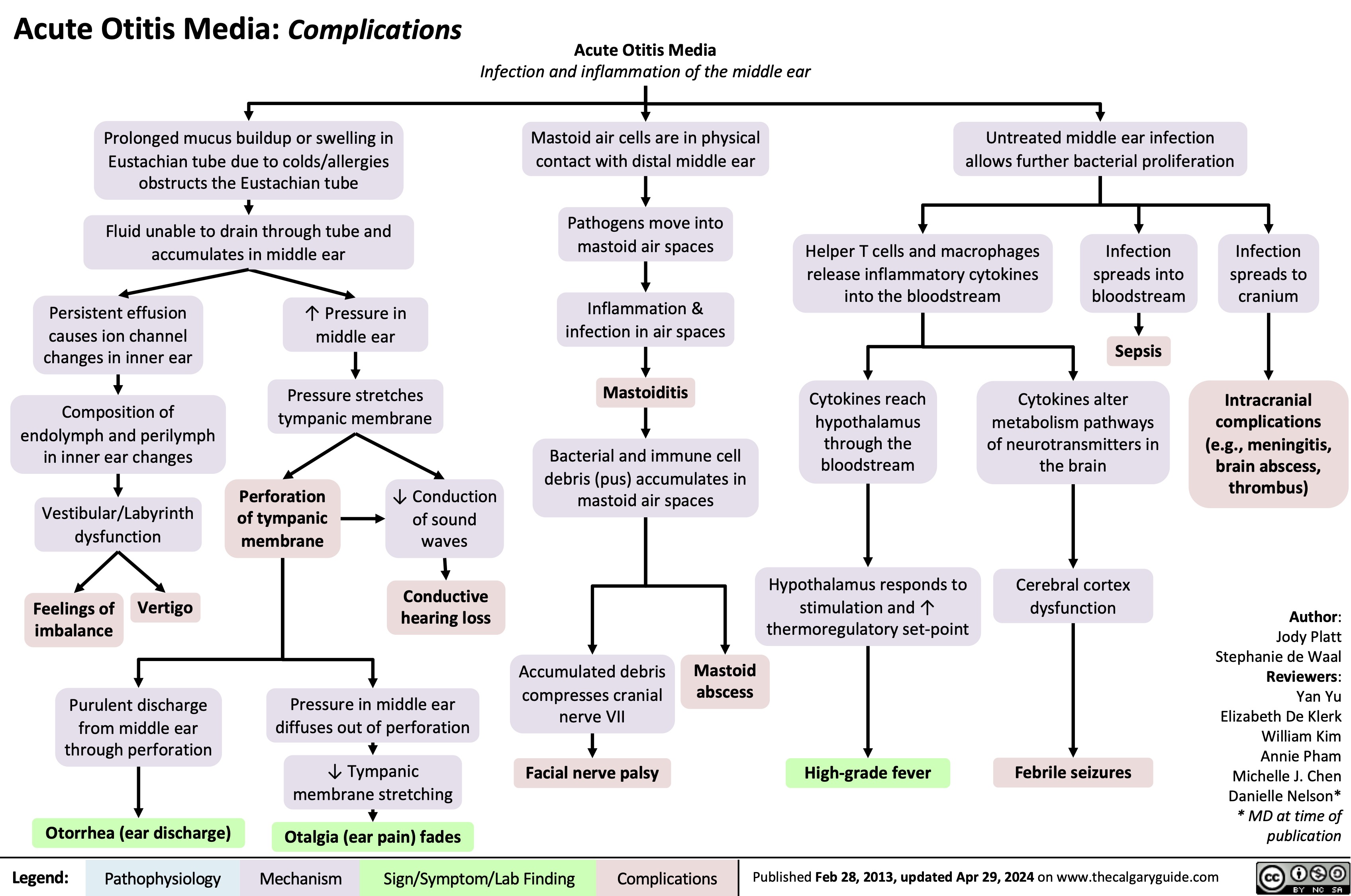 Acute Otitis Media: Complications Prolonged mucus buildup or swelling in
Eustachian tube due to colds/allergies obstructs the Eustachian tube
Fluid unable to drain through tube and accumulates in middle ear
Acute Otitis Media
Infection and inflammation of the middle ear
Mastoid air cells are in physical contact with distal middle ear
Pathogens move into mastoid air spaces
Inflammation & infection in air spaces
Mastoiditis
Bacterial and immune cell debris (pus) accumulates in mastoid air spaces
Untreated middle ear infection allows further bacterial proliferation
           Persistent effusion
causes ion channel changes in inner ear
Composition of endolymph and perilymph in inner ear changes
Vestibular/Labyrinth dysfunction
Feelings of Vertigo imbalance
Purulent discharge from middle ear through perforation
Otorrhea (ear discharge)
↑ Pressure in middle ear
Pressure stretches tympanic membrane
Cytokines reach hypothalamus through the bloodstream
Hypothalamus responds to stimulation and ↑ thermoregulatory set-point
High-grade fever
Infection spreads into bloodstream
Sepsis
Cytokines alter metabolism pathways of neurotransmitters in the brain
Cerebral cortex dysfunction
Infection spreads to cranium
Intracranial complications (e.g., meningitis, brain abscess, thrombus)
Author: Jody Platt Stephanie de Waal Reviewers: Yan Yu Elizabeth De Klerk William Kim Annie Pham Michelle J. Chen Danielle Nelson* * MD at time of publication
Helper T cells and macrophages release inflammatory cytokines into the bloodstream
                    Perforation of tympanic membrane
↓ Conduction of sound waves
Conductive hearing loss
              Pressure in middle ear diffuses out of perforation
↓ Tympanic membrane stretching
Otalgia (ear pain) fades
Accumulated debris compresses cranial nerve VII
Facial nerve palsy
Mastoid abscess
    Febrile seizures
    Legend:
 Pathophysiology
Mechanism
Sign/Symptom/Lab Finding
 Complications
 Published Feb 28, 2013, updated Apr 29, 2024 on www.thecalgaryguide.com
   