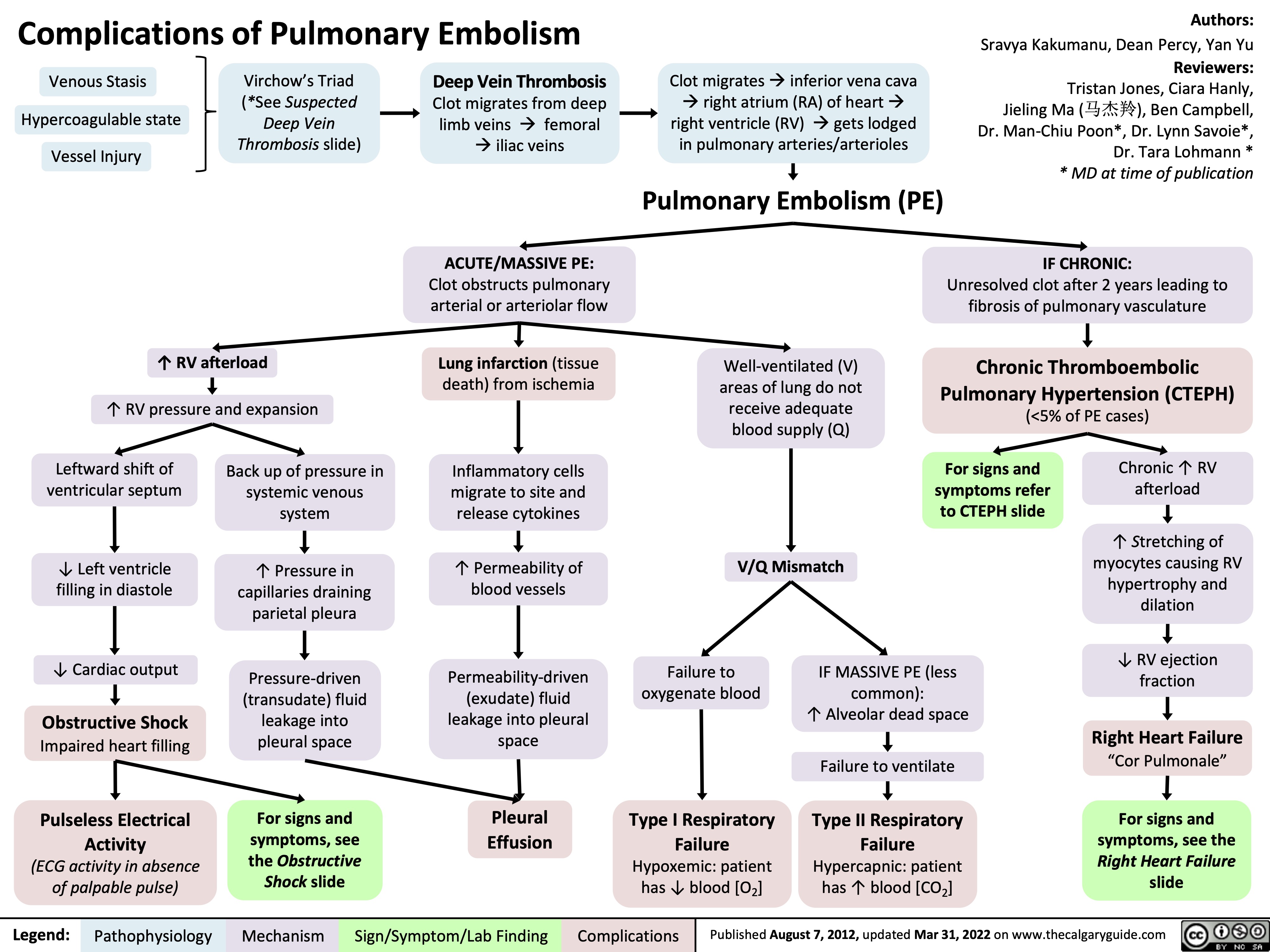 Complications of Pulmonary Embolism
Authors:
Sravya Kakumanu, Dean Percy, Yan Yu
Reviewers:
Tristan Jones, Ciara Hanly, Jieling Ma (马杰羚), Ben Campbell, Dr. Man-Chiu Poon*, Dr. Lynn Savoie*, Dr. Tara Lohmann * * MD at time of publication
IF CHRONIC:
Unresolved clot after 2 years leading to fibrosis of pulmonary vasculature
Chronic Thromboembolic Pulmonary Hypertension (CTEPH)
(<5% of PE cases)
     Venous Stasis Hypercoagulable state
Vessel Injury
Virchow’s Triad (*See Suspected Deep Vein Thrombosis slide)
Deep Vein Thrombosis
Clot migrates from deep limb veins à femoral àiliac veins
ACUTE/MASSIVE PE:
Clot obstructs pulmonary arterial or arteriolar flow
Lung infarction (tissue death) from ischemia
Inflammatory cells migrate to site and release cytokines
↑ Permeability of blood vessels
Permeability-driven (exudate) fluid leakage into pleural space
Pleural Effusion
Clot migratesàinferior vena cava àright atrium (RA) of heartà right ventricle (RV) à gets lodged in pulmonary arteries/arterioles
Pulmonary Embolism (PE)
           ↑ RV afterload
↑ RV pressure and expansion
Well-ventilated (V) areas of lung do not receive adequate blood supply (Q)
V/Q Mismatch
           Leftward shift of ventricular septum
↓ Left ventricle filling in diastole
↓ Cardiac output
Obstructive Shock
Impaired heart filling
Pulseless Electrical Activity
(ECG activity in absence of palpable pulse)
Back up of pressure in systemic venous system
↑ Pressure in capillaries draining parietal pleura
Pressure-driven (transudate) fluid leakage into pleural space
For signs and symptoms, see the Obstructive Shock slide
For signs and symptoms refer to CTEPH slide
Chronic ↑ RV afterload
↑ Stretching of myocytes causing RV hypertrophy and dilation
↓ RV ejection fraction
Right Heart Failure
“Cor Pulmonale”
For signs and symptoms, see the Right Heart Failure slide
               Failure to oxygenate blood
Type I Respiratory Failure
Hypoxemic: patient has ↓ blood [O2]
IF MASSIVE PE (less common):
↑ Alveolar dead space
Failure to ventilate
Type II Respiratory Failure Hypercapnic: patient has ↑ blood [CO2]
             Legend:
 Pathophysiology
Mechanism
Sign/Symptom/Lab Finding
 Complications
 Published August 7, 2012, updated Mar 31, 2022 on www.thecalgaryguide.com
   