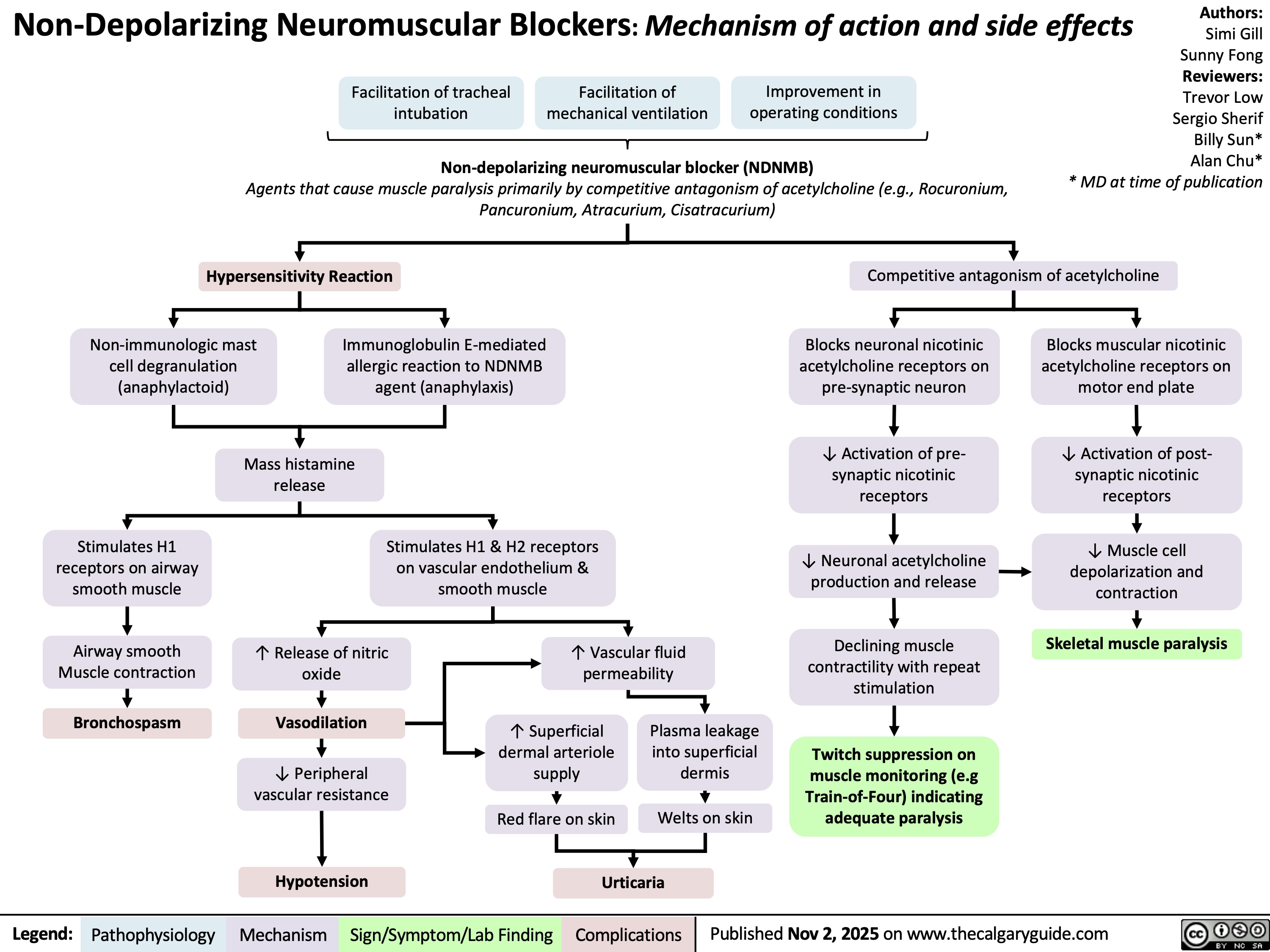 Non-Depolarizing Neuromuscular Blockers: Mechanism of action and side effects
Facilitation of tracheal
intubation
Facilitation of
mechanical ventilation
Improvement in
operating conditions
Non-depolarizing neuromuscular blocker (NDNMB)
Agents that cause muscle paralysis primarily by competitive antagonism of acetylcholine (e.g., Rocuronium,
Pancuronium, Atracurium, Cisatracurium)
Authors:
Simi Gill
Sunny Fong
Reviewers:
Trevor Low
Sergio Sherif
Billy Sun*
Alan Chu*
* MD at time of publication
Hypersensitivity Reaction
Non-immunologic mast
cell degranulation
(anaphylactoid)
Immunoglobulin E-mediated
allergic reaction to NDNMB
agent (anaphylaxis)
Mass histamine
release
Stimulates H1
receptors on airway
smooth muscle
Airway smooth
Muscle contraction
Bronchospasm
↑ Release of nitric
oxide
Vasodilation
↓ Peripheral
vascular resistance
Hypotension
Stimulates H1 & H2 receptors
on vascular endothelium &
smooth muscle
↑ Vascular fluid
permeability
↑ Superficial
dermal arteriole
supply
Plasma leakage
into superficial
dermis
Red flare on skin Welts on skin
Urticaria
Competitive antagonism of acetylcholine
Blocks neuronal nicotinic
acetylcholine receptors on
pre-synaptic neuron
↓ Activation of pre-
synaptic nicotinic
receptors
↓ Neuronal acetylcholine
production and release
Declining muscle
contractility with repeat
stimulation
Twitch suppression on
muscle monitoring (e.g
Train-of-Four) indicating
adequate paralysis
Blocks muscular nicotinic
acetylcholine receptors on
motor end plate
↓ Activation of post-
synaptic nicotinic
receptors
↓ Muscle cell
depolarization and
contraction
Skeletal muscle paralysis
Legend: Pathophysiology Mechanism
Sign/Symptom/Lab Finding Complications
Published Nov 2, 2025 on www.thecalgaryguide.com