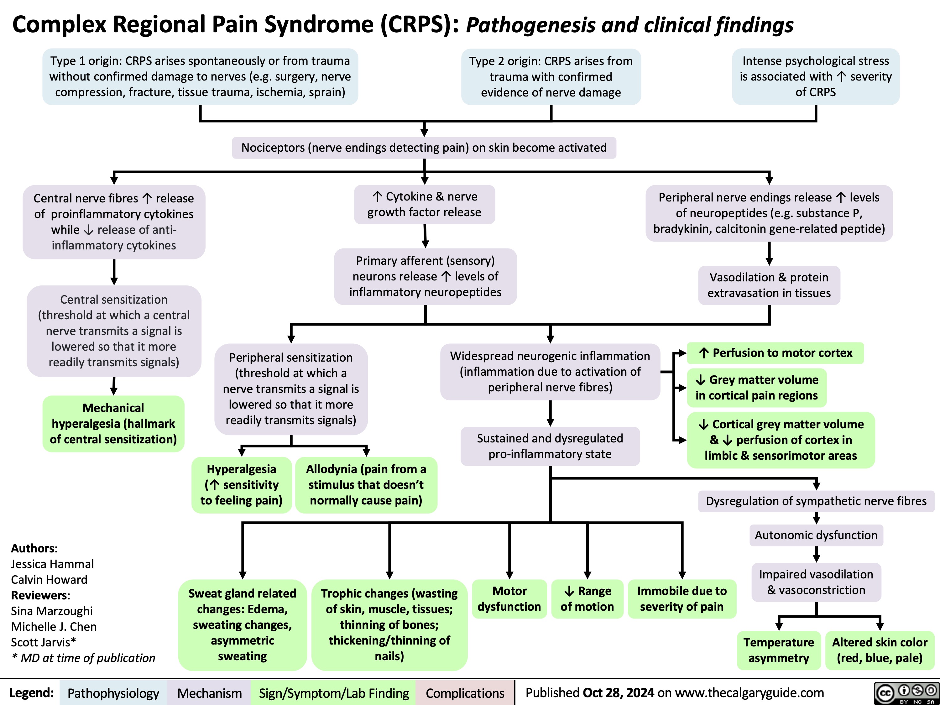 Complex Regional Pain Syndrome (CRPS): Pathogenesis and clinical findings
   Type 1 origin: CRPS arises spontaneously or from trauma without confirmed damage to nerves (e.g. surgery, nerve compression, fracture, tissue trauma, ischemia, sprain)
Type 2 origin: CRPS arises from trauma with confirmed evidence of nerve damage
Intense psychological stress is associated with ↑ severity of CRPS
Peripheral nerve endings release ↑ levels of neuropeptides (e.g. substance P, bradykinin, calcitonin gene-related peptide)
Vasodilation & protein extravasation in tissues
↑ Perfusion to motor cortex
↓ Grey matter volume in cortical pain regions
↓ Cortical grey matter volume & ↓ perfusion of cortex in limbic & sensorimotor areas
Dysregulation of sympathetic nerve fibres Autonomic dysfunction
       Central nerve fibres ↑ release of proinflammatory cytokines while ↓ release of anti- inflammatory cytokines
Central sensitization (threshold at which a central nerve transmits a signal is lowered so that it more readily transmits signals)
Mechanical hyperalgesia (hallmark of central sensitization)
Authors:
Jessica Hammal
Calvin Howard
Reviewers:
Sina Marzoughi
Michelle J. Chen
Scott Jarvis*
* MD at time of publication
Nociceptors (nerve endings detecting pain) on skin become activated
↑ Cytokine & nerve growth factor release
Primary afferent (sensory) neurons release ↑ levels of inflammatory neuropeptides
       Peripheral sensitization (threshold at which a nerve transmits a signal is lowered so that it more readily transmits signals)
Widespread neurogenic inflammation (inflammation due to activation of peripheral nerve fibres)
Sustained and dysregulated pro-inflammatory state
        Hyperalgesia (↑ sensitivity to feeling pain)
Sweat gland related changes: Edema, sweating changes, asymmetric sweating
Allodynia (pain from a stimulus that doesn’t normally cause pain)
Trophic changes (wasting of skin, muscle, tissues; thinning of bones; thickening/thinning of nails)
Motor dysfunction
↓ Range of motion
Immobile due to severity of pain
Impaired vasodilation & vasoconstriction
             Temperature asymmetry
Altered skin color (red, blue, pale)
 Legend:
 Pathophysiology
Mechanism
Sign/Symptom/Lab Finding
 Complications
 Published Oct 28, 2024 on www.thecalgaryguide.com
   