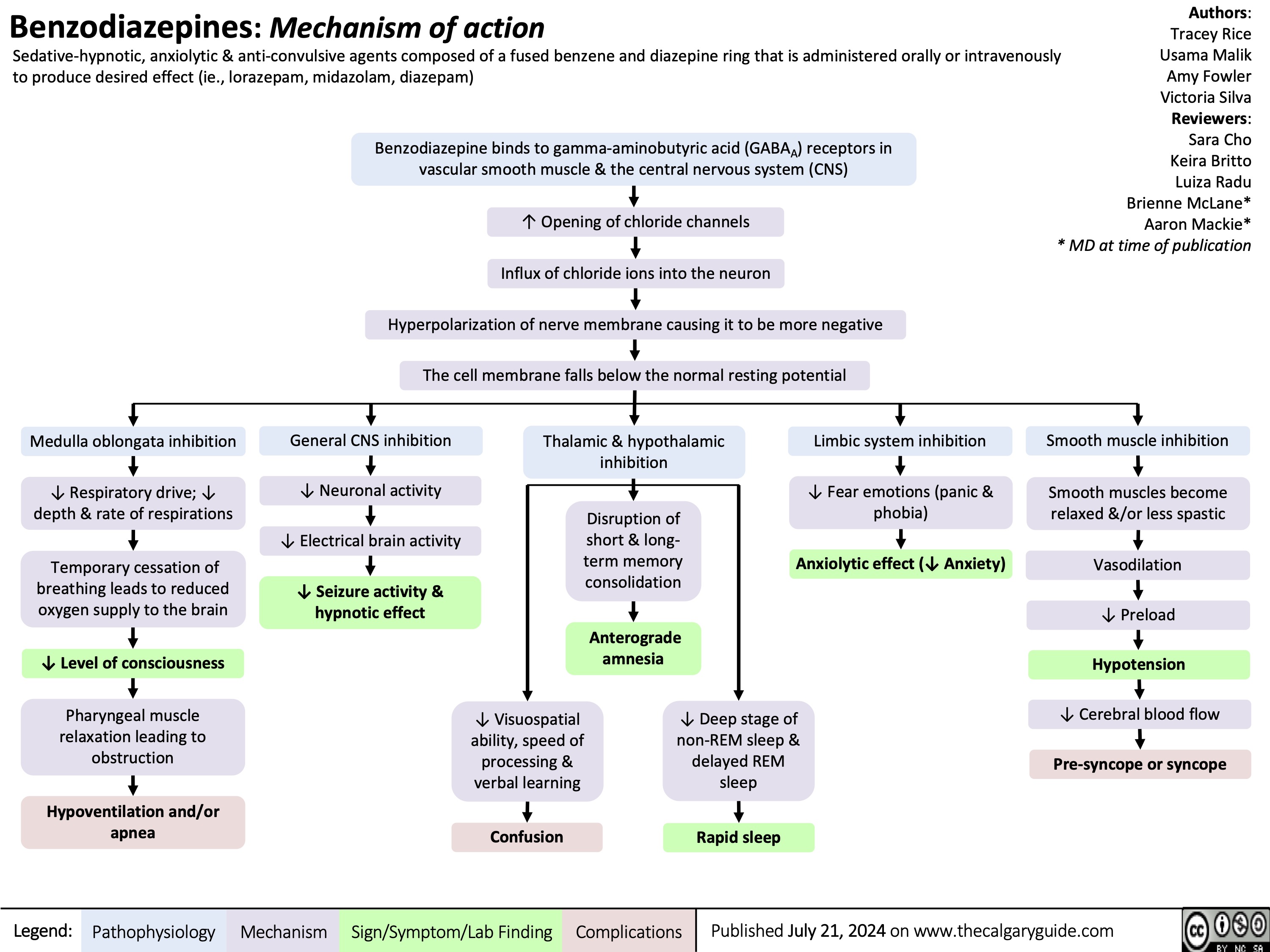 Benzodiazepines: Mechanism of action
Sedative-hypnotic, anxiolytic & anti-convulsive agents composed of a fused benzene and diazepine ring that is administered orally or intravenously to produce desired effect (ie., lorazepam, midazolam, diazepam)
Authors: Tracey Rice Usama Malik Amy Fowler Victoria Silva Reviewers: Sara Cho Keira Britto Luiza Radu Brienne McLane* Aaron Mackie* * MD at time of publication
 Benzodiazepine binds to gamma-aminobutyric acid (GABAA) receptors in vascular smooth muscle & the central nervous system (CNS)
↑ Opening of chloride channels
Influx of chloride ions into the neuron Hyperpolarization of nerve membrane causing it to be more negative The cell membrane falls below the normal resting potential
          Medulla oblongata inhibition
↓ Respiratory drive; ↓ depth & rate of respirations
Temporary cessation of breathing leads to reduced oxygen supply to the brain
↓ Level of consciousness
Pharyngeal muscle relaxation leading to obstruction
Hypoventilation and/or apnea
General CNS inhibition
↓ Neuronal activity
↓ Electrical brain activity
↓ Seizure activity & hypnotic effect
Thalamic & hypothalamic inhibition
Disruption of short & long- term memory consolidation
Limbic system inhibition
↓ Fear emotions (panic & phobia)
Anxiolytic effect (↓ Anxiety)
Smooth muscle inhibition
Smooth muscles become relaxed &/or less spastic
Vasodilation
↓ Preload Hypotension
↓ Cerebral blood flow
Pre-syncope or syncope
             Anterograde amnesia
      ↓ Visuospatial ability, speed of processing & verbal learning
Confusion
↓ Deep stage of non-REM sleep & delayed REM sleep
Rapid sleep
     Legend:
 Pathophysiology
Mechanism
Sign/Symptom/Lab Finding
 Complications
 Published July 21, 2024 on www.thecalgaryguide.com
   