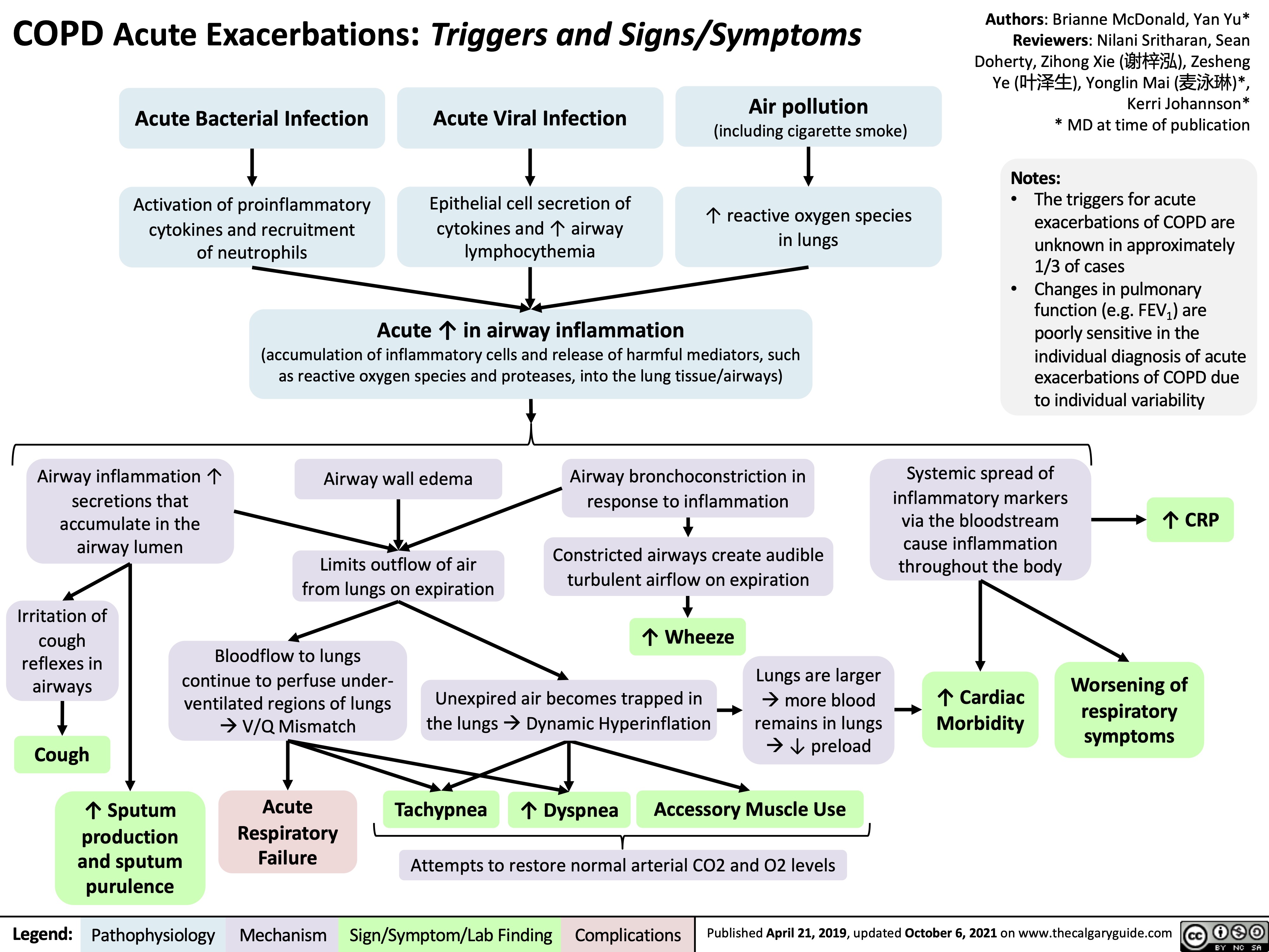 COPD Acute Exacerbations: Triggers and Signs/Symptoms
Authors: Brianne McDonald, Yan Yu* Reviewers: Nilani Sritharan, Sean Doherty, Zihong Xie (谢梓泓), Zesheng Ye (叶泽生), Yonglin Mai (麦泳琳)*, Kerri Johannson* * MD at time of publication
Notes:
• The triggers for acute exacerbations of COPD are unknown in approximately 1/3 of cases
• Changes in pulmonary function (e.g. FEV1) are poorly sensitive in the individual diagnosis of acute exacerbations of COPD due to individual variability
   Acute Bacterial Infection
Activation of proinflammatory cytokines and recruitment of neutrophils
Acute Viral Infection
Epithelial cell secretion of cytokines and ↑ airway lymphocythemia
Acute ↑ in airway inflammation
(accumulation of inflammatory cells and release of harmful mediators, such as reactive oxygen species and proteases, into the lung tissue/airways)
Air pollution
(including cigarette smoke)
↑ reactive oxygen species in lungs
            Airway inflammation ↑ secretions that accumulate in the airway lumen
Airway wall edema
Limits outflow of air from lungs on expiration
Airway bronchoconstriction in response to inflammation
Constricted airways create audible turbulent airflow on expiration
Systemic spread of inflammatory markers via the bloodstream cause inflammation throughout the body
↑ Cardiac Morbidity
↑ CRP
Worsening of respiratory symptoms
           Irritation of cough reflexes in airways
Cough
↑ Sputum production and sputum purulence
↑ Wheeze Unexpired air becomes trapped in
the lungsàDynamic Hyperinflation
  Bloodflow to lungs continue to perfuse under- ventilated regions of lungs àV/Q Mismatch
Lungs are larger àmore blood
remains in lungs à↓ preload
              Acute Respiratory Failure
Tachypnea
↑ Dyspnea
Accessory Muscle Use
  Attempts to restore normal arterial CO2 and O2 levels
 Legend:
 Pathophysiology
 Mechanism
Sign/Symptom/Lab Finding
 Complications
 Published April 21, 2019, updated October 6, 2021 on www.thecalgaryguide.com
  