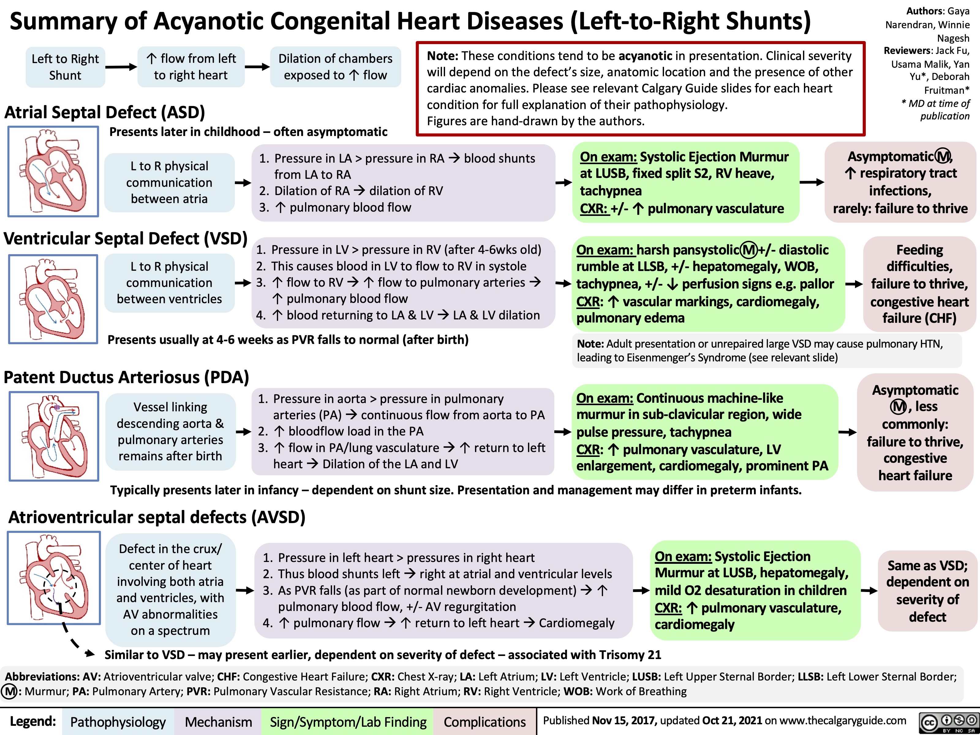 Summary of Acyanotic Congenital Heart Diseases (Left-to-Right Shunts)
Authors: Gaya Narendran, Winnie Nagesh Reviewers: Jack Fu, Usama Malik, Yan Yu*, Deborah Fruitman* * MD at time of publication
Asymptomatic M, ↑ respiratory tract infections, rarely: failure to thrive
    Left to Right Shunt
↑ flow from left to right heart
Dilation of chambers exposed to ↑ flow
Atrial Septal Defect (ASD)
Presents later in childhood – often asymptomatic
Note: These conditions tend to be acyanotic in presentation. Clinical severity will depend on the defect’s size, anatomic location and the presence of other cardiac anomalies. Please see relevant Calgary Guide slides for each heart condition for full explanation of their pathophysiology.
Figures are hand-drawn by the authors.
     L to R physical communication between atria
1. Pressure in LA > pressure in RA à blood shunts from LA to RA
2. Dilation of RAàdilation of RV 3. ↑ pulmonary blood flow
On exam: Systolic Ejection Murmur at LUSB, fixed split S2, RV heave, tachypnea
CXR: +/- ↑ pulmonary vasculature
 Ventricular Septal Defect (VSD) 1. Pressure in LV > pressure in RV (after 4-6wks old)
On exam: harsh pansystolic M +/- diastolic rumble at LLSB, +/- hepatomegaly, WOB, tachypnea, +/- ↓ perfusion signs e.g. pallor CXR: ↑ vascular markings, cardiomegaly, pulmonary edema
Feeding difficulties, failure to thrive, congestive heart failure (CHF)
      L to R physical communication between ventricles
2. This causes blood in LV to flow to RV in systole
3. ↑ flow to RVà↑ flow to pulmonary arteriesà
↑ pulmonary blood flow
4. ↑ blood returning to LA & LVàLA & LV dilation
Presents usually at 4-6 weeks as PVR falls to normal (after birth) Patent Ductus Arteriosus (PDA)
1. Pressure in aorta > pressure in pulmonary arteries (PA) à continuous flow from aorta to PA
2. ↑ bloodflow load in the PA
3. ↑ flow in PA/lung vasculature à ↑ return to left
Note: Adult presentation or unrepaired large VSD may cause pulmonary HTN, leading to Eisenmenger’s Syndrome (see relevant slide)
      Vessel linking descending aorta & pulmonary arteries remains after birth
On exam: Continuous machine-like murmur in sub-clavicular region, wide pulse pressure, tachypnea
CXR: ↑ pulmonary vasculature, LV enlargement, cardiomegaly, prominent PA
Asymptomatic M , less commonly: failure to thrive, congestive heart failure
 heart à Dilation of the LA and LV
Typically presents later in infancy – dependent on shunt size. Presentation and management may differ in preterm infants.
Atrioventricular septal defects (AVSD)
  Defect in the crux/ center of heart involving both atria and ventricles, with AV abnormalities on a spectrum
1. Pressure in left heart > pressures in right heart
2. Thus blood shunts left à right at atrial and ventricular levels 3. As PVR falls (as part of normal newborn development) à ↑
pulmonary blood flow, +/- AV regurgitation
4. ↑ pulmonary flow à ↑ return to left heart à Cardiomegaly
On exam: Systolic Ejection
Murmur at LUSB, hepatomegaly,
mild O2 desaturation in children
CXR: ↑ pulmonary vasculature,
cardiomegaly defect
   Similar to VSD – may present earlier, dependent on severity of defect – associated with Trisomy 21
Abbreviations: AV: Atrioventricular valve; CHF: Congestive Heart Failure; CXR: Chest X-ray; LA: Left Atrium; LV: Left Ventricle; LUSB: Left Upper Sternal Border; LLSB: Left Lower Sternal Border; M : Murmur; PA: Pulmonary Artery; PVR: Pulmonary Vascular Resistance; RA: Right Atrium; RV: Right Ventricle; WOB: Work of Breathing
Same as VSD; dependent on severity of
    Legend:
 Pathophysiology
 Mechanism
Sign/Symptom/Lab Finding
 Complications
 Published Nov 15, 2017, updated Oct 21, 2021 on www.thecalgaryguide.com
  