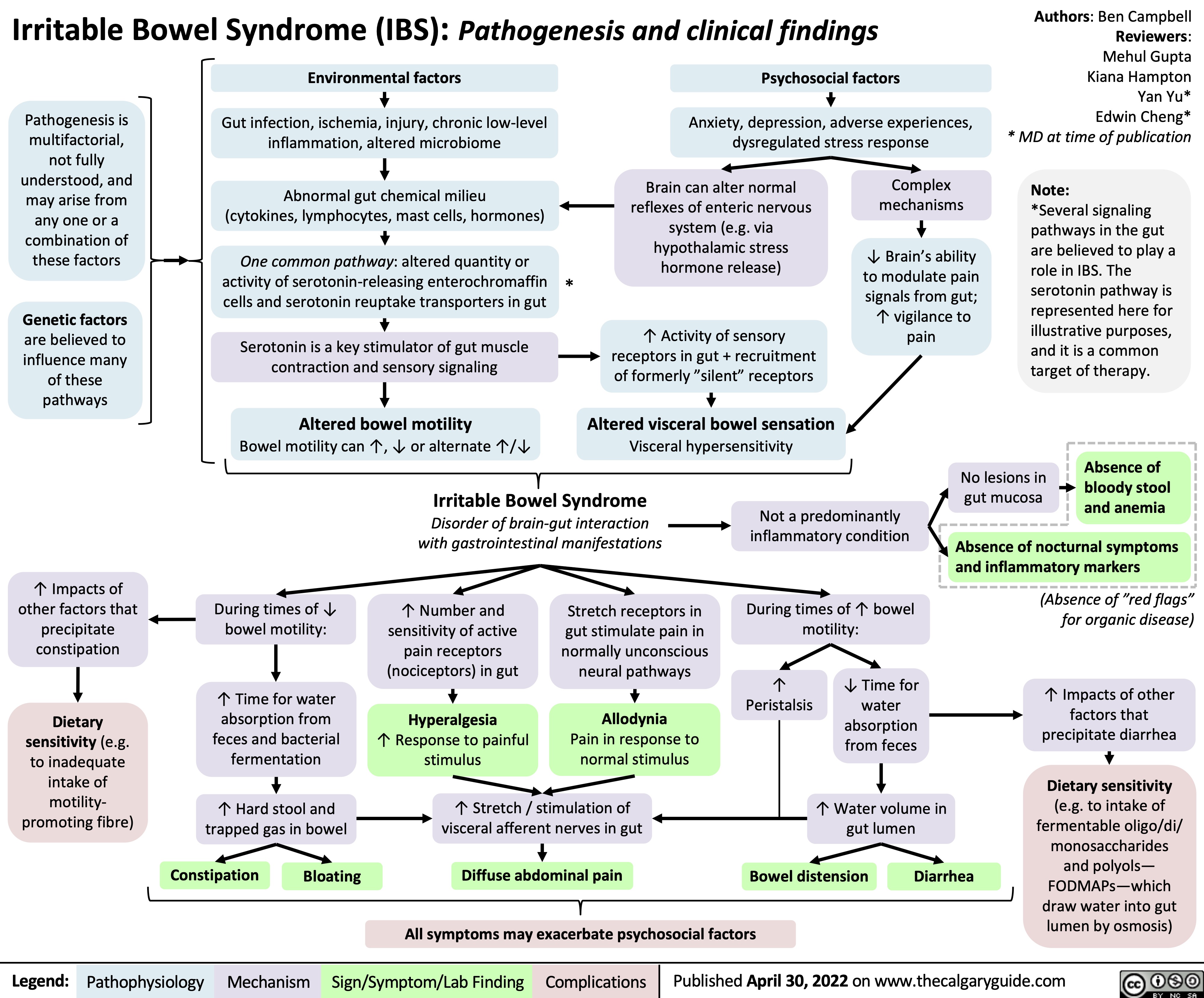 Irritable Bowel Syndrome (IBS): Pathogenesis and clinical findings
Authors: Ben Campbell Reviewers: Mehul Gupta Kiana Hampton Yan Yu* Edwin Cheng* * MD at time of publication
Note:
*Several signaling pathways in the gut are believed to play a role in IBS. The serotonin pathway is represented here for illustrative purposes, and it is a common target of therapy.
       Pathogenesis is multifactorial, not fully understood, and may arise from any one or a combination of these factors
Genetic factors
are believed to influence many of these pathways
Environmental factors
Gut infection, ischemia, injury, chronic low-level inflammation, altered microbiome
Abnormal gut chemical milieu (cytokines, lymphocytes, mast cells, hormones)
One common pathway: altered quantity or activity of serotonin-releasing enterochromaffin * cells and serotonin reuptake transporters in gut
Serotonin is a key stimulator of gut muscle contraction and sensory signaling
Altered bowel motility
Bowel motility can ↑, ↓ or alternate ↑/↓
Psychosocial factors
Anxiety, depression, adverse experiences, dysregulated stress response
    Brain can alter normal reflexes of enteric nervous system (e.g. via hypothalamic stress hormone release)
↑ Activity of sensory receptors in gut + recruitment of formerly ”silent” receptors
Altered visceral bowel sensation
Visceral hypersensitivity
Complex mechanisms
↓ Brain’s ability to modulate pain signals from gut;
↑ vigilance to pain
             Irritable Bowel Syndrome
Disorder of brain-gut interaction with gastrointestinal manifestations
Not a predominantly inflammatory condition
During times of ↑ bowel motility:
No lesions in gut mucosa
(Absence of ”red flags” for organic disease)
↑ Impacts of other factors that precipitate diarrhea
Dietary sensitivity
(e.g. to intake of fermentable oligo/di/ monosaccharides and polyols— FODMAPs—which draw water into gut lumen by osmosis)
     ↑ Impacts of other factors that precipitate constipation
Dietary sensitivity (e.g. to inadequate intake of motility- promoting fibre)
During times of ↓ bowel motility:
↑ Time for water absorption from feces and bacterial fermentation
↑ Hard stool and trapped gas in bowel
↑ Number and sensitivity of active pain receptors (nociceptors) in gut
Hyperalgesia
↑ Response to painful stimulus
Stretch receptors in gut stimulate pain in normally unconscious neural pathways
Allodynia
Pain in response to normal stimulus
↑ Peristalsis
↓ Time for water absorption from feces
↑ Water volume in gut lumen
                   ↑ Stretch / stimulation of visceral afferent nerves in gut
Absence of bloody stool and anemia
Absence of nocturnal symptoms and inflammatory markers
         Constipation
Bloating
Diffuse abdominal pain
All symptoms may exacerbate psychosocial factors
Bowel distension
Diarrhea
   Legend:
 Pathophysiology
Mechanism
Sign/Symptom/Lab Finding
 Complications
Published April 30, 2022 on www.thecalgaryguide.com
    