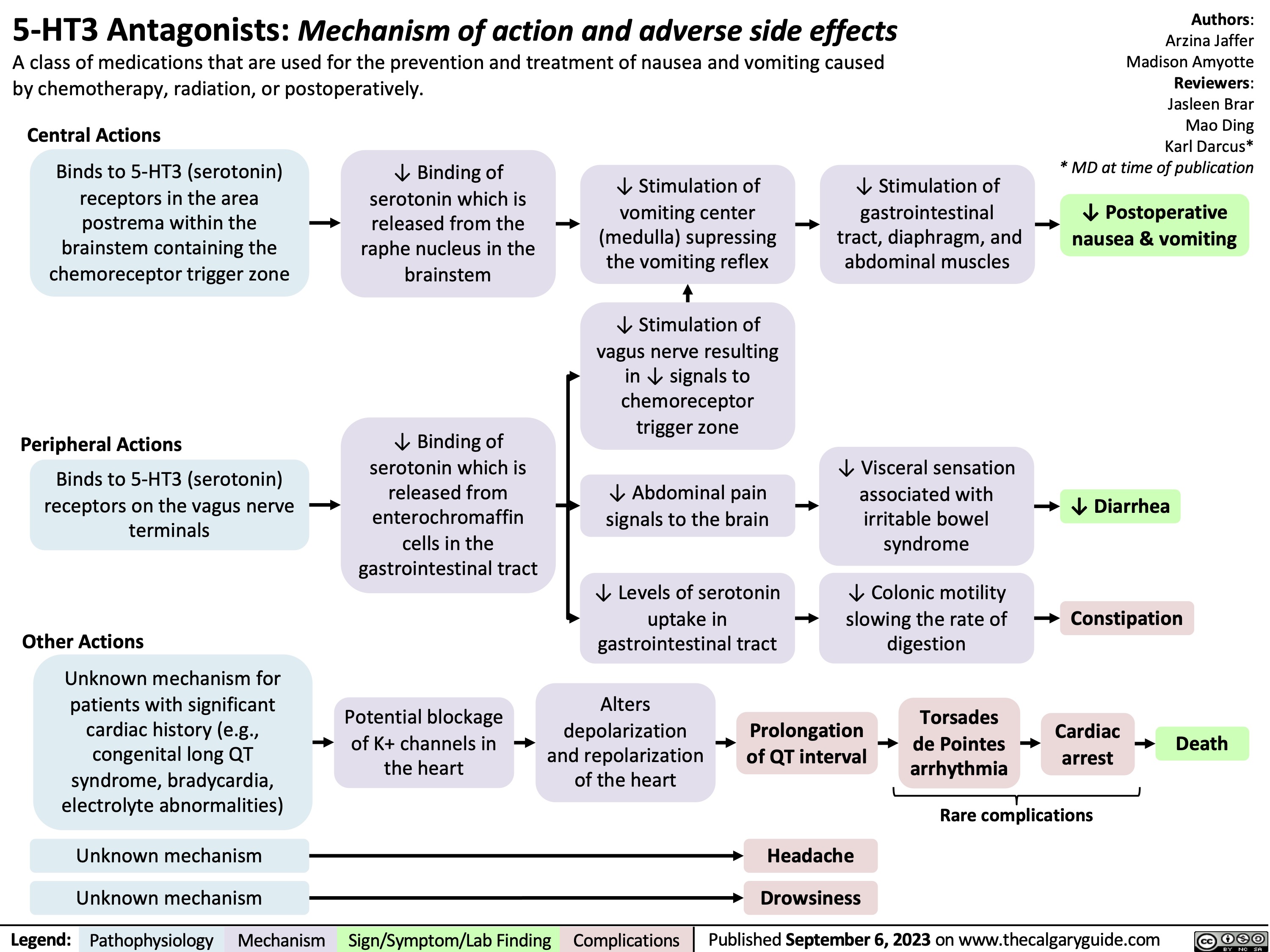 5-HT3 Antagonists: Mechanism of action and adverse side effects A class of medications that are used for the prevention and treatment of nausea and vomiting caused by chemotherapy, radiation, or postoperatively.
Authors: Arzina Jaffer Madison Amyotte Reviewers: Jasleen Brar Mao Ding Karl Darcus* * MD at time of publication
↓ Postoperative nausea & vomiting
Central Actions
Binds to 5-HT3 (serotonin) receptors in the area postrema within the brainstem containing the chemoreceptor trigger zone
↓ Binding of serotonin which is released from the raphe nucleus in the brainstem
↓ Stimulation of vomiting center
(medulla) supressing the vomiting reflex
↓ Stimulation of vagus nerve resulting in ↓ signals to chemoreceptor trigger zone
↓ Abdominal pain signals to the brain
↓ Levels of serotonin uptake in gastrointestinal tract
↓ Stimulation of gastrointestinal
tract, diaphragm, and abdominal muscles
        Peripheral Actions
Binds to 5-HT3 (serotonin) receptors on the vagus nerve terminals
Other Actions
Unknown mechanism for patients with significant cardiac history (e.g., congenital long QT syndrome, bradycardia, electrolyte abnormalities)
Unknown mechanism Unknown mechanism
↓ Binding of serotonin which is released from enterochromaffin cells in the gastrointestinal tract
Potential blockage of K+ channels in the heart
↓ Visceral sensation associated with irritable bowel syndrome
↓ Colonic motility slowing the rate of digestion
↓ Diarrhea
Constipation
          Alters depolarization
and repolarization of the heart
Prolongation of QT interval
Headache Drowsiness
Torsades de Pointes arrhythmia
Cardiac arrest
Death
      Rare complications
      Legend:
 Pathophysiology
Mechanism
Sign/Symptom/Lab Finding
 Complications
Published September 6, 2023 on www.thecalgaryguide.com
    