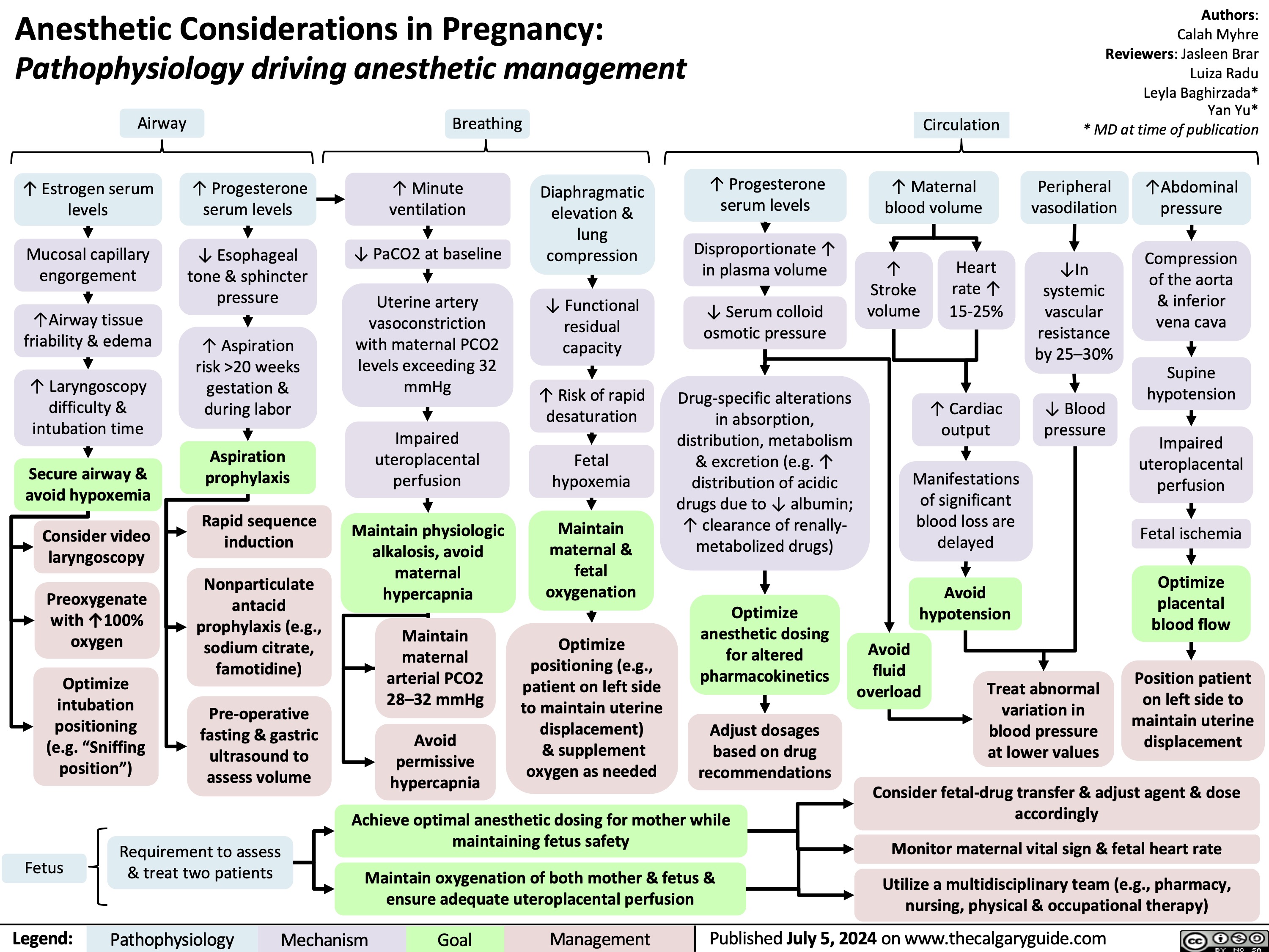 Anesthetic Considerations in Pregnancy:
Pathophysiology driving anesthetic management
Authors: Calah Myhre Reviewers: Jasleen Brar Luiza Radu Leyla Baghirzada* Yan Yu* * MD at time of publication
  Airway
↑ Estrogen serum levels
Mucosal capillary engorgement
↑Airway tissue friability & edema
↑ Laryngoscopy difficulty & intubation time
Secure airway & avoid hypoxemia
Consider video laryngoscopy
Preoxygenate with ↑100% oxygen
Optimize intubation positioning (e.g. “Sniffing position”)
↑ Progesterone serum levels
↓ Esophageal tone & sphincter pressure
↑ Aspiration risk >20 weeks gestation & during labor
Aspiration prophylaxis
Rapid sequence induction
Nonparticulate antacid prophylaxis (e.g., sodium citrate, famotidine)
Pre-operative fasting & gastric ultrasound to assess volume
Breathing
↑ Minute ventilation
↓ PaCO2 at baseline
Uterine artery vasoconstriction with maternal PCO2 levels exceeding 32 mmHg
Impaired uteroplacental perfusion
Maintain physiologic alkalosis, avoid maternal hypercapnia
Maintain
maternal arterial PCO2 28–32 mmHg
Avoid permissive hypercapnia
↑ Progesterone serum levels
Disproportionate ↑ in plasma volume
↓ Serum colloid osmotic pressure
Drug-specific alterations in absorption, distribution, metabolism & excretion (e.g. ↑ distribution of acidic drugs due to ↓ albumin; ↑ clearance of renally- metabolized drugs)
Optimize anesthetic dosing for altered pharmacokinetics
Adjust dosages based on drug recommendations
Circulation
↑ Maternal blood volume
Peripheral vasodilation
↓In systemic vascular resistance by 25–30%
↓ Blood pressure
↑Abdominal pressure
Compression of the aorta & inferior vena cava
Supine hypotension
Impaired uteroplacental perfusion
Fetal ischemia
Optimize
placental blood flow
Position patient on left side to maintain uterine displacement
            Diaphragmatic elevation & lung compression
↓ Functional residual capacity
↑ Risk of rapid desaturation
Fetal hypoxemia
Maintain maternal & fetal oxygenation
Optimize positioning (e.g., patient on left side to maintain uterine displacement)
& supplement oxygen as needed
Heart rate ↑ 15-25%
↑ Cardiac output
Manifestations of significant blood loss are delayed
Avoid hypotension
        ↑ Stroke volume
                                      Avoid fluid overload
Treat abnormal variation in blood pressure at lower values
              Fetus
Requirement to assess & treat two patients
Achieve optimal anesthetic dosing for mother while maintaining fetus safety
Maintain oxygenation of both mother & fetus & ensure adequate uteroplacental perfusion
Consider fetal-drug transfer & adjust agent & dose accordingly
Monitor maternal vital sign & fetal heart rate
Utilize a multidisciplinary team (e.g., pharmacy, nursing, physical & occupational therapy)
   Legend:
 Pathophysiology
Mechanism
 Goal
 Management
Published July 5, 2024 on www.thecalgaryguide.com
   