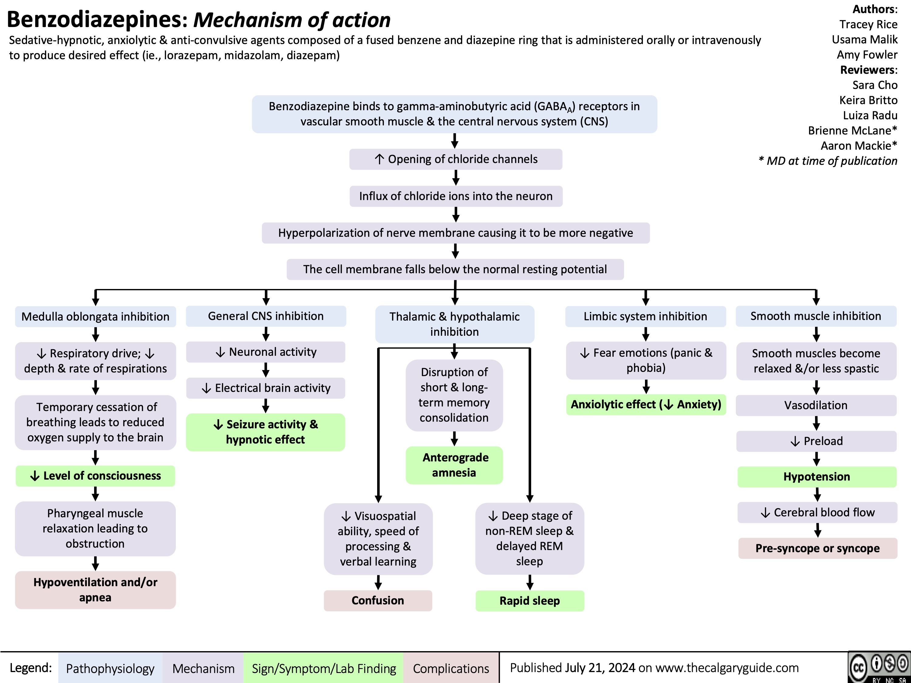 Benzodiazepines: Mechanism of action
Sedative-hypnotic, anxiolytic & anti-convulsive agents composed of a fused benzene and diazepine ring that is administered orally or intravenously to produce desired effect (ie., lorazepam, midazolam, diazepam)
Authors: Tracey Rice Usama Malik Amy Fowler Reviewers: Sara Cho Keira Britto Luiza Radu Brienne McLane* Aaron Mackie* * MD at time of publication
 Benzodiazepine binds to gamma-aminobutyric acid (GABAA) receptors in vascular smooth muscle & the central nervous system (CNS)
↑ Opening of chloride channels
Influx of chloride ions into the neuron Hyperpolarization of nerve membrane causing it to be more negative The cell membrane falls below the normal resting potential
          Medulla oblongata inhibition
↓ Respiratory drive; ↓ depth & rate of respirations
Temporary cessation of breathing leads to reduced oxygen supply to the brain
↓ Level of consciousness
Pharyngeal muscle relaxation leading to obstruction
Hypoventilation and/or apnea
General CNS inhibition
↓ Neuronal activity
↓ Electrical brain activity
↓ Seizure activity & hypnotic effect
Thalamic & hypothalamic inhibition
Disruption of short & long- term memory consolidation
Limbic system inhibition
↓ Fear emotions (panic & phobia)
Anxiolytic effect (↓ Anxiety)
Smooth muscle inhibition
Smooth muscles become relaxed &/or less spastic
Vasodilation
↓ Preload Hypotension
↓ Cerebral blood flow
Pre-syncope or syncope
             Anterograde amnesia
      ↓ Visuospatial ability, speed of processing & verbal learning
Confusion
↓ Deep stage of non-REM sleep & delayed REM sleep
Rapid sleep
     Legend:
 Pathophysiology
Mechanism
Sign/Symptom/Lab Finding
 Complications
 Published July 21, 2024 on www.thecalgaryguide.com
   