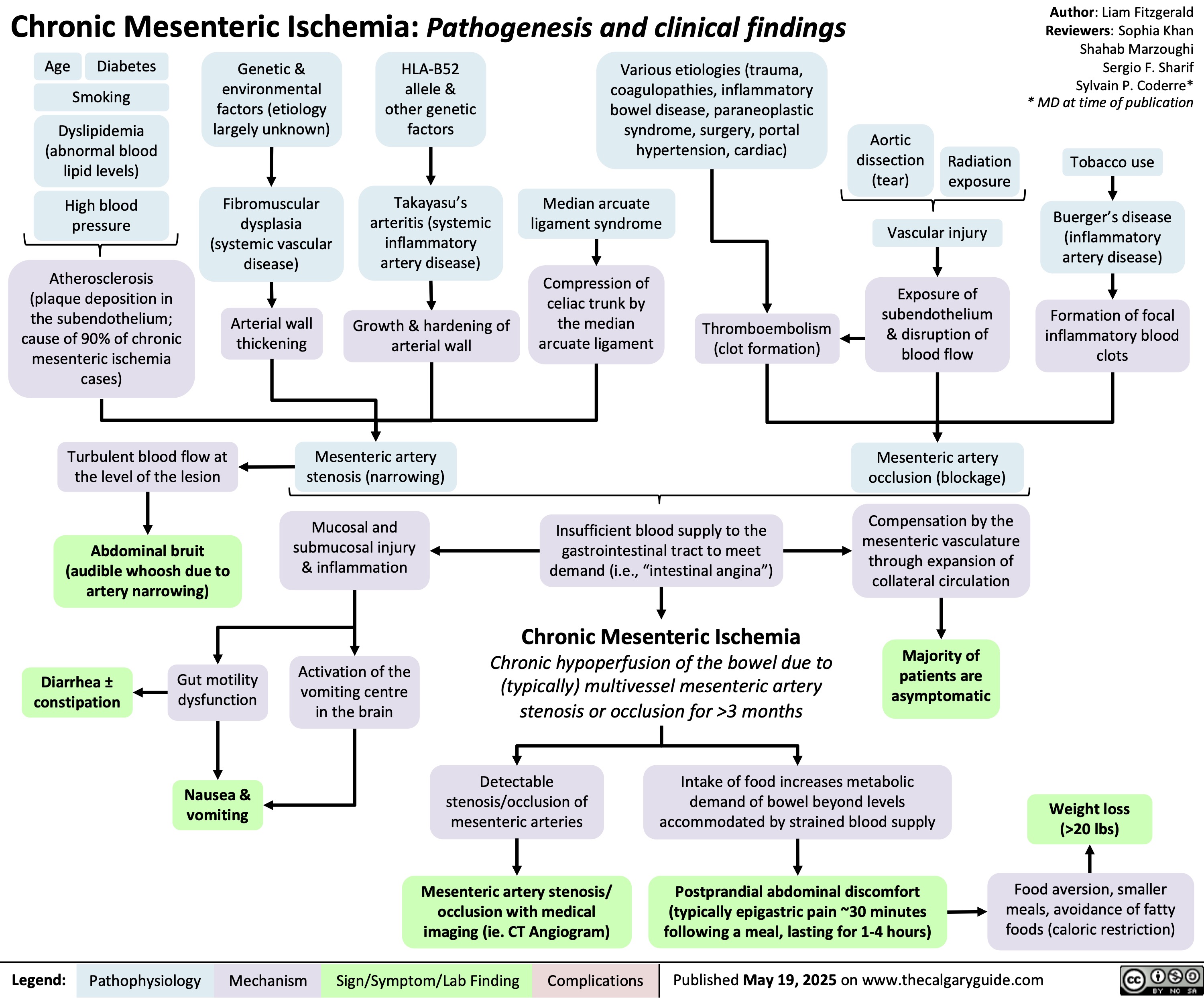 Chronic Mesenteric Ischemia: Pathogenesis and clinical findings
Age
Diabetes
Smoking
Genetic &
environmental
factors (etiology
largely unknown)
HLA-B52
allele &
other genetic
factors
Dyslipidemia
(abnormal blood
lipid levels)
Various etiologies (trauma,
coagulopathies, inflammatory
bowel disease, paraneoplastic
syndrome, surgery, portal
hypertension, cardiac)
High blood
pressure
Fibromuscular
dysplasia
(systemic vascular
disease)
Takayasu’s
arteritis (systemic
inflammatory
artery disease)
Median arcuate
ligament syndrome
Atherosclerosis
(plaque deposition in
the subendothelium;
cause of 90% of chronic
mesenteric ischemia
cases)
Arterial wall
thickening
Growth & hardening of
arterial wall
Compression of
celiac trunk by
the median
arcuate ligament
Thromboembolism
(clot formation)
Turbulent blood flow at
the level of the lesion
Mesenteric artery
stenosis (narrowing)
Abdominal bruit
(audible whoosh due to
artery narrowing)
Mucosal and
submucosal injury
& inflammation
Insufficient blood supply to the
gastrointestinal tract to meet
demand (i.e., “intestinal angina”)
Diarrhea ±
constipation
Gut motility
dysfunction
Activation of the
vomiting centre
in the brain
Chronic Mesenteric Ischemia
Chronic hypoperfusion of the bowel due to
(typically) multivessel mesenteric artery
stenosis or occlusion for >3 months
Aortic
dissection
(tear)
Radiation
exposure
Vascular injury
Exposure of
subendothelium
& disruption of
blood flow
Mesenteric artery
occlusion (blockage)
Compensation by the
mesenteric vasculature
through expansion of
collateral circulation
Majority of
patients are
asymptomatic
Nausea &
vomiting
Detectable
stenosis/occlusion of
mesenteric arteries
Intake of food increases metabolic
demand of bowel beyond levels
accommodated by strained blood supply
Mesenteric artery stenosis/
occlusion with medical
imaging (ie. CT Angiogram)
Postprandial abdominal discomfort
(typically epigastric pain ~30 minutes
following a meal, lasting for 1-4 hours)
Published May 19, 2025 on www.thecalgaryguide.com
Author: Liam Fitzgerald
Reviewers: Sophia Khan
Shahab Marzoughi
Sergio F. Sharif
Sylvain P. Coderre*
* MD at time of publication
Tobacco use
Buerger’s disease
(inflammatory
artery disease)
Formation of focal
inflammatory blood
clots
Weight loss
(>20 lbs)
Food aversion, smaller
meals, avoidance of fatty
foods (caloric restriction)
Legend: Pathophysiology Mechanism
Sign/Symptom/Lab Finding Complications